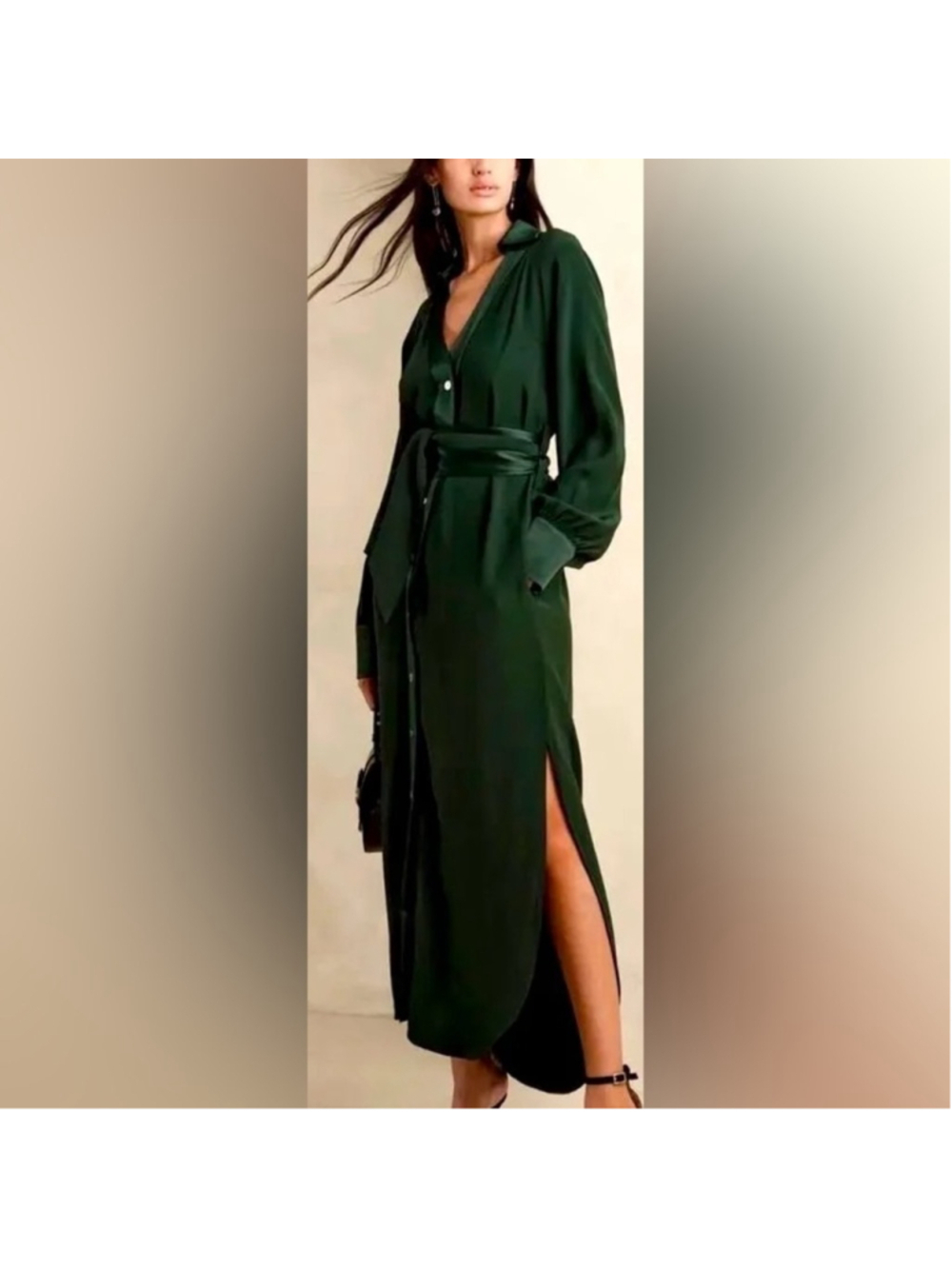 NWT BANANA REPUBLIC forest emerald green MUSE SILK MAXI SHIRTDRESS sz lg PETITE